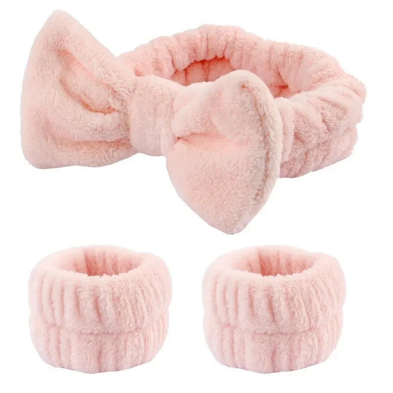 3Pcs Bow Headband Wristband Set Towel Elastic Soft Washing Face Shower