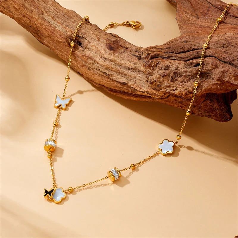 DIEYURO 316L Stainless Steel White Beihua Black Butterfly Necklace