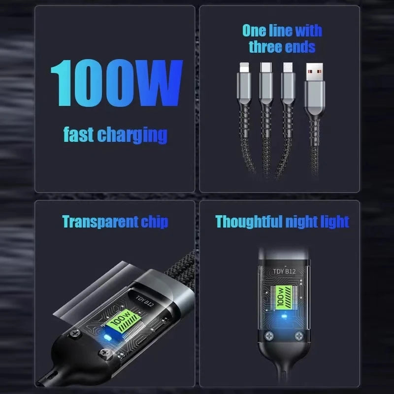 3 In 1 100w Transparent Fast Charging Cable Type C Usb Micro For