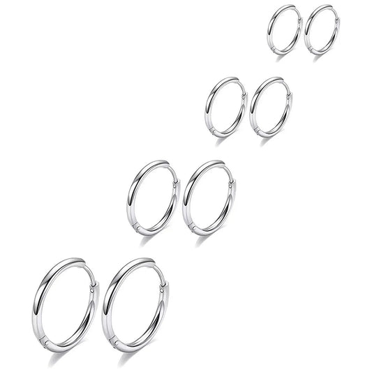 4 Pairs of Stainless Steel Circular Earrings Set, MEN'S AND WOMEN'S