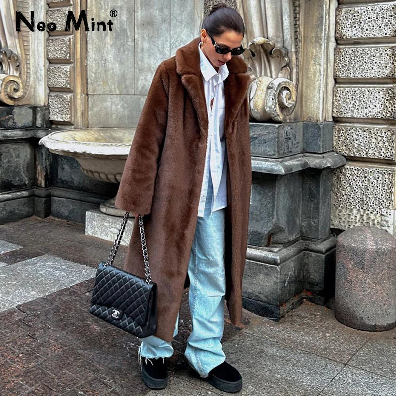 Neo Mint 2024 Winter Luxury Faux Mink Fur Coat Women Iconic Brand Long