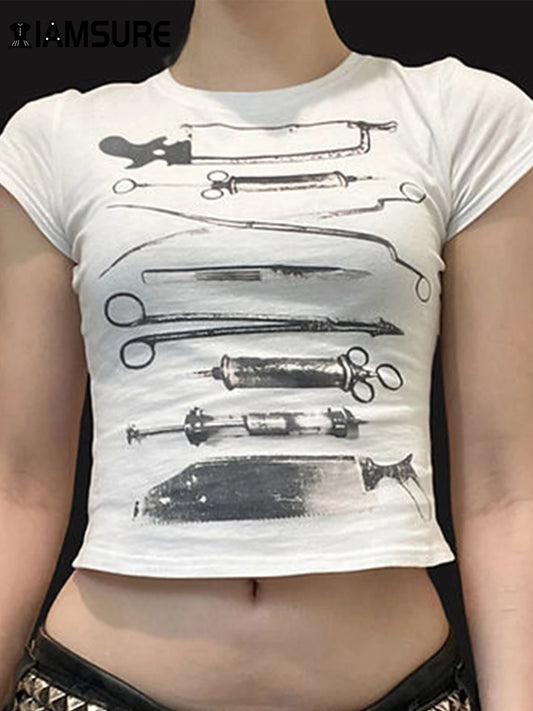 IAMSURE Dark Printed Cropped T Shiirt Gothic Casual Slim O-Neck Short