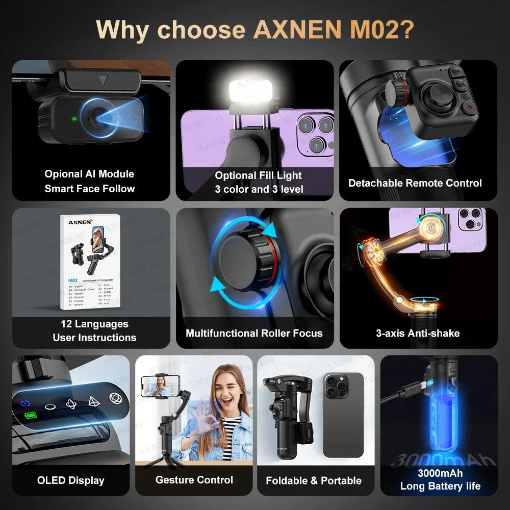 AXNEN M02 Gimbal Smartphone Stabilizer 3-Axis Anti-shake Video Record