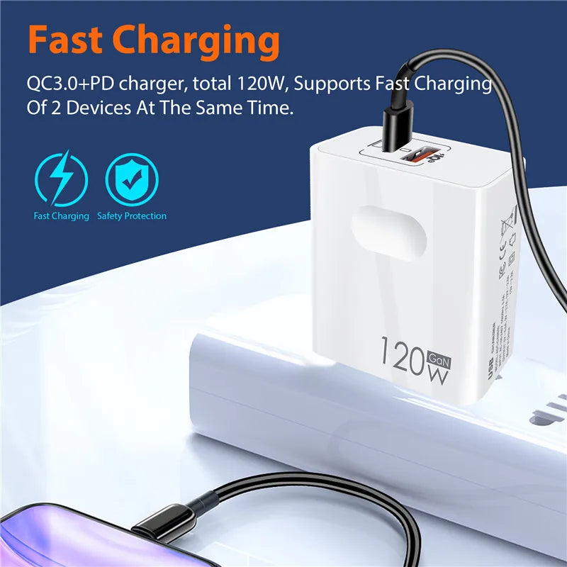 USB C 120W Gan Super Fast PD Charger For Laptop Tablets iPhone 15 iPad