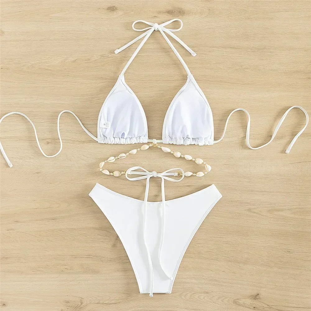 Sexy White Shell String Halter Triangle Bikini Set Women Swimwear