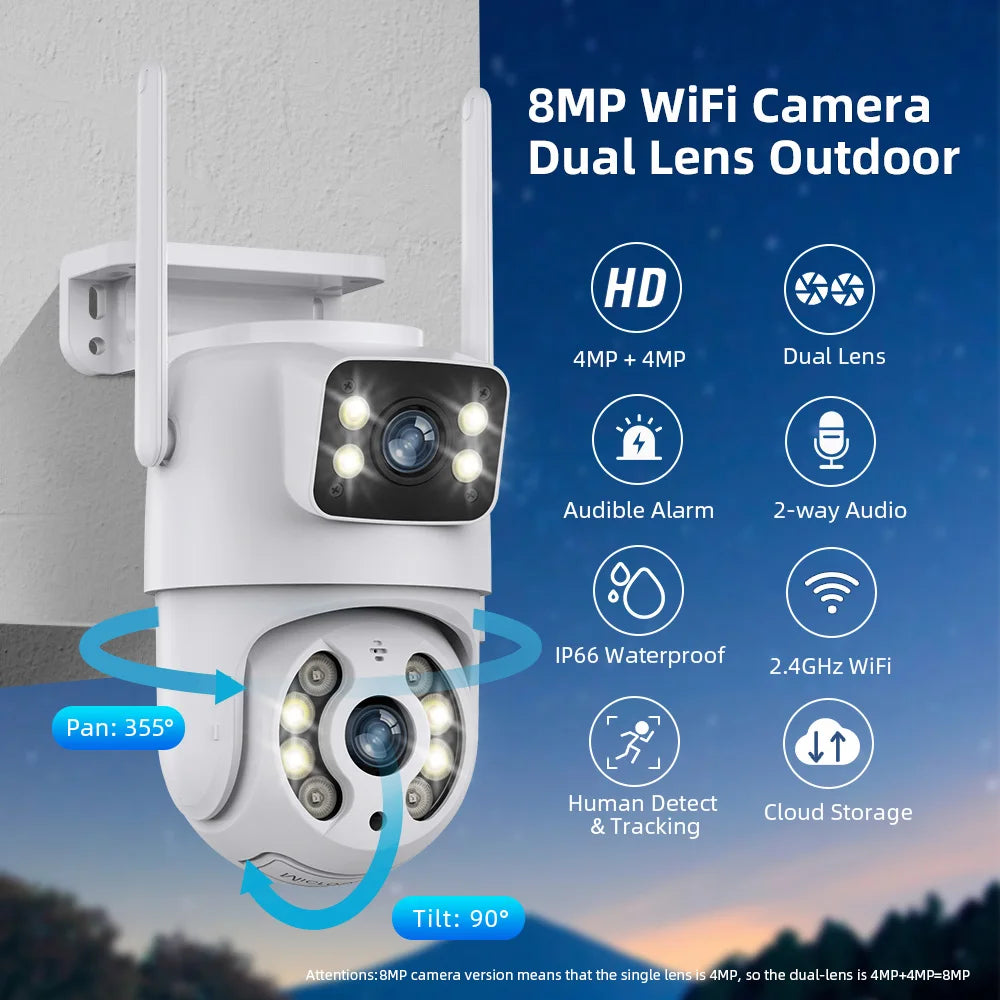 Hiseeu 8MP 4K PTZ Wifi IP Camera Dual Lens Security Protection Human
