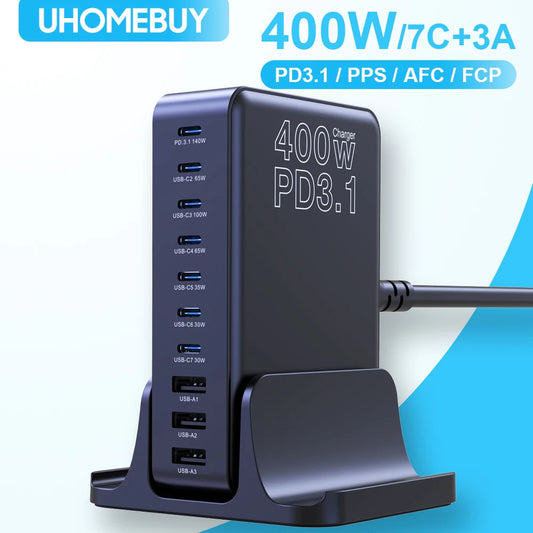 UHOMEBUY 400W USB C Charger 10-Ports GaN Charging Station 140W Max