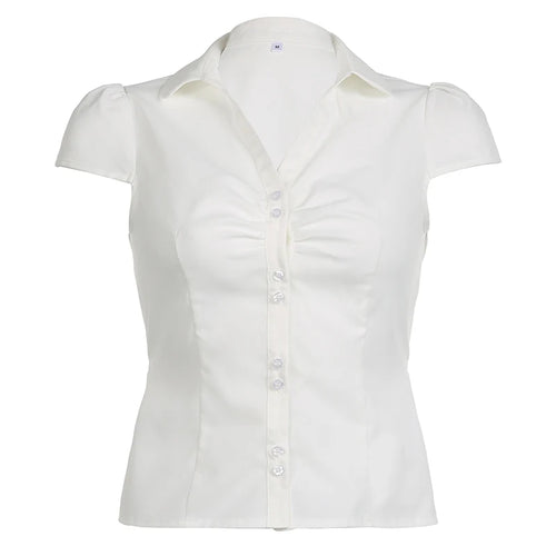 CIBBAR Vintage Folds Crop Top White Button Up Short Sleeve Blouse
