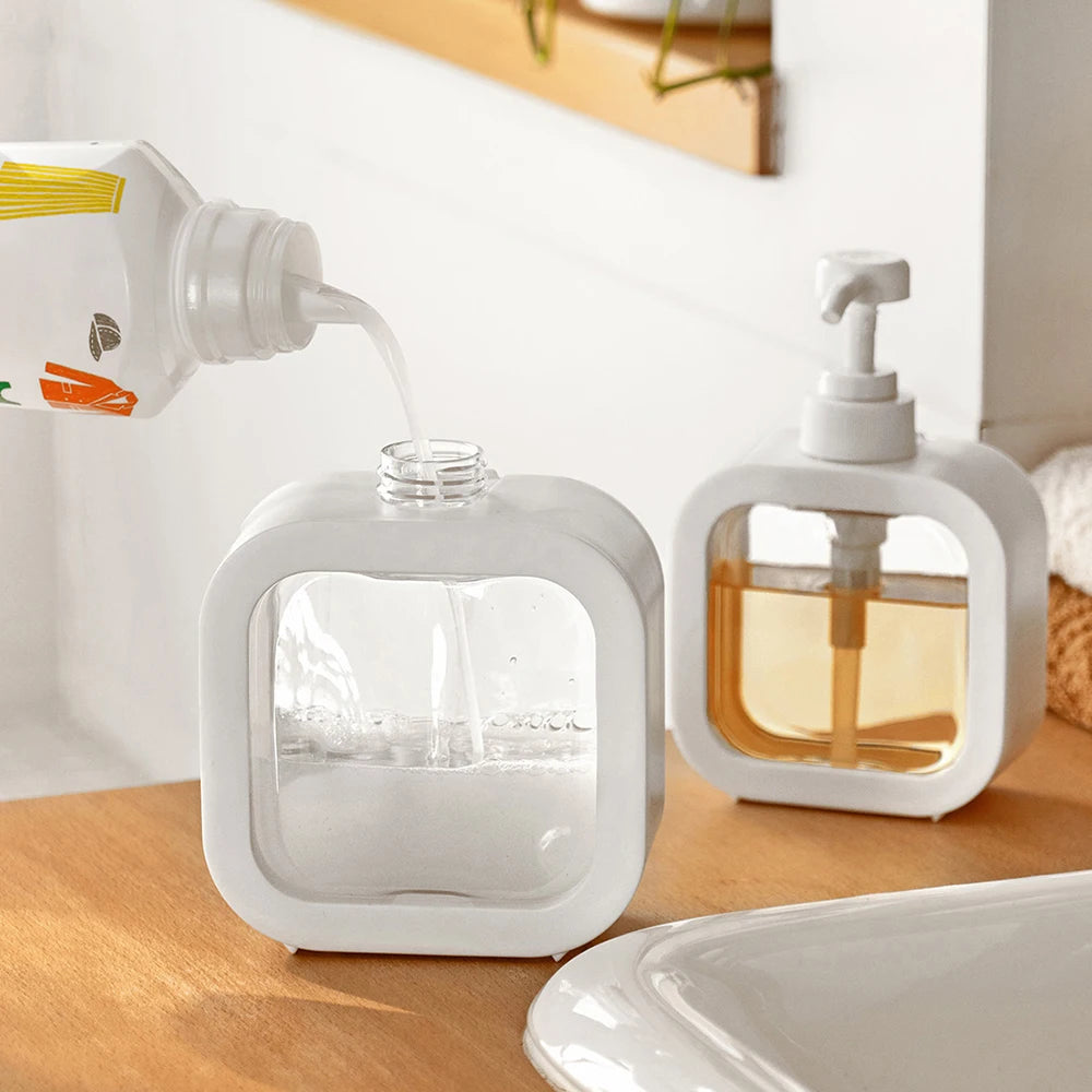 A large-capacity soap dispenser bottle, transparent visible plastic