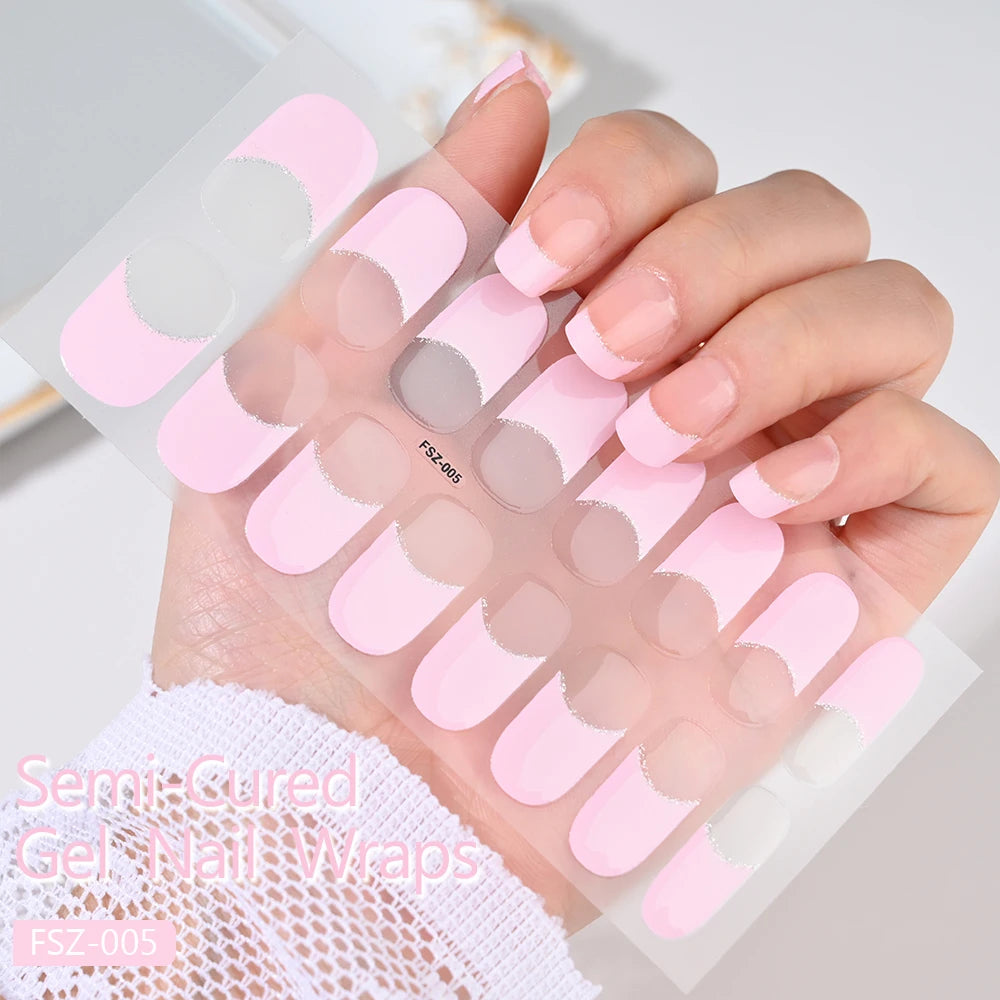 French UV Semi-Cured Gel Nail Wraps Sticker 16Strips Long Lasting Full