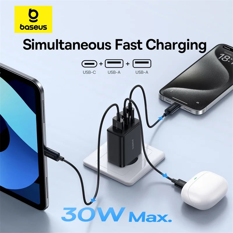 Baseus 30W USB Charger QC3.0 PD3.0 Type C PD Fast Charging 3 Ports