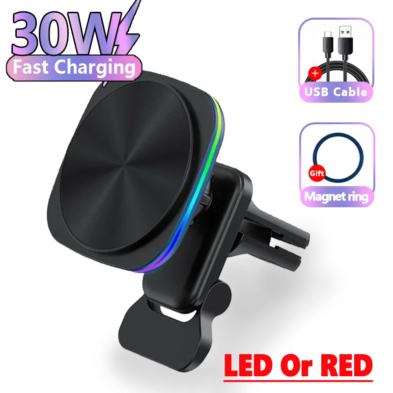 30W RGB LED Magnetic Wireless Charger Car Phone Holder Stand Car Mount