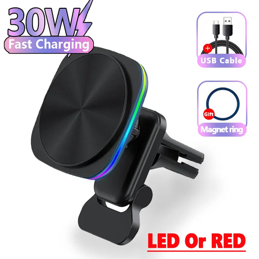 30W RGB LED Magnetic Wireless Charger Car Phone Holder Stand Car Mount