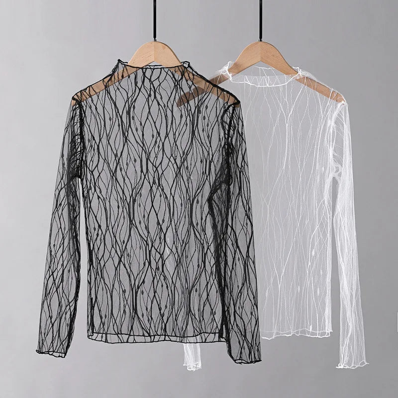 Elegant Lace T-shirt For Women Mesh Long Sleeve Tops Hot Sexy