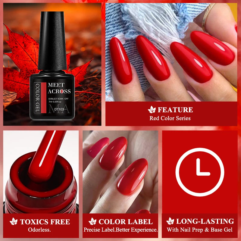MEET ACROSS 7ml Red Gel Nail Polish Crystal Semi Permanent Soak Off UV