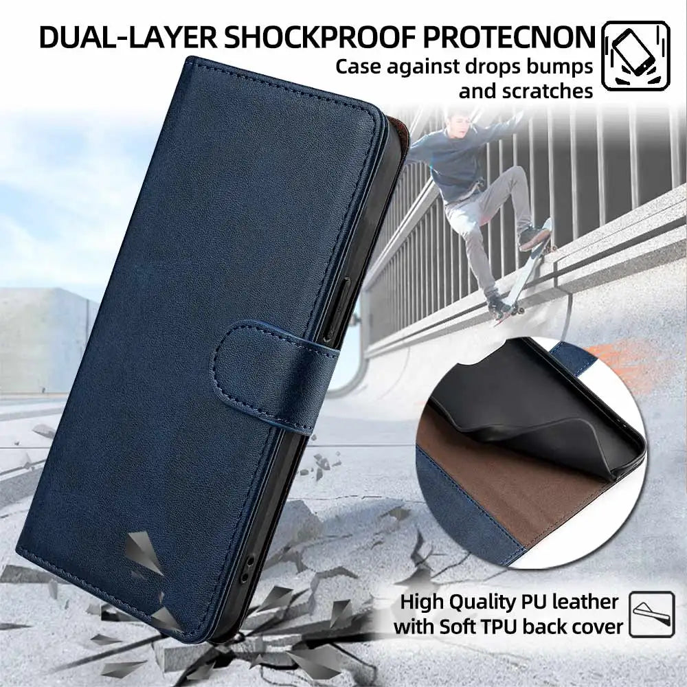 RFID Blocking Leather Flip Book Case For iPhone 16 Pro Max 16 15 Plus