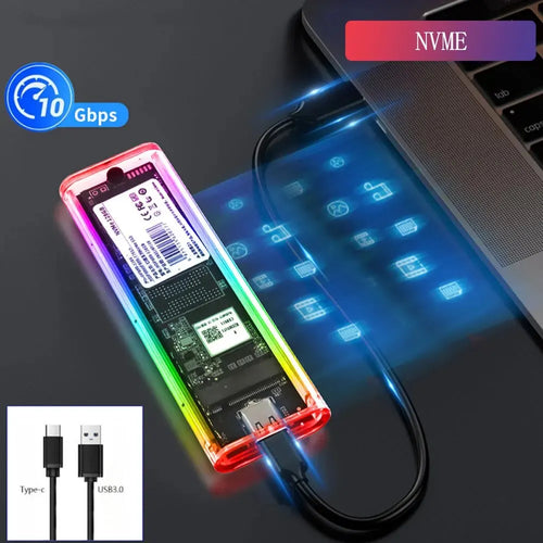 RGB M2 SSD Case M.2 NVME SSD Enclosure M.2 to USB C Transparent Hard