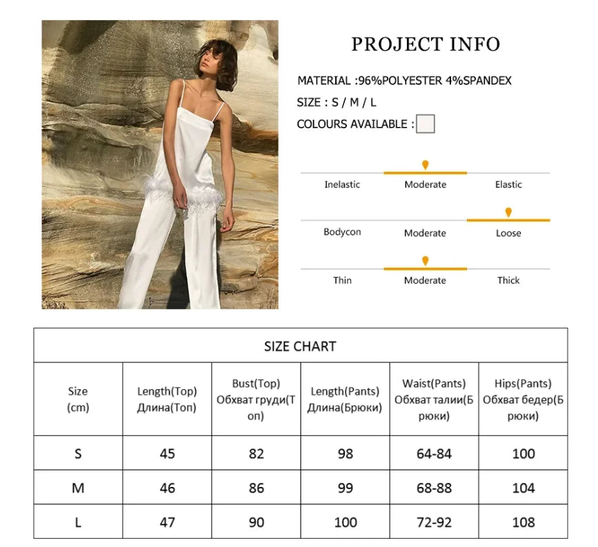 Satin Pajamas With Feathers Sleepwear Women Sets With Pants Black