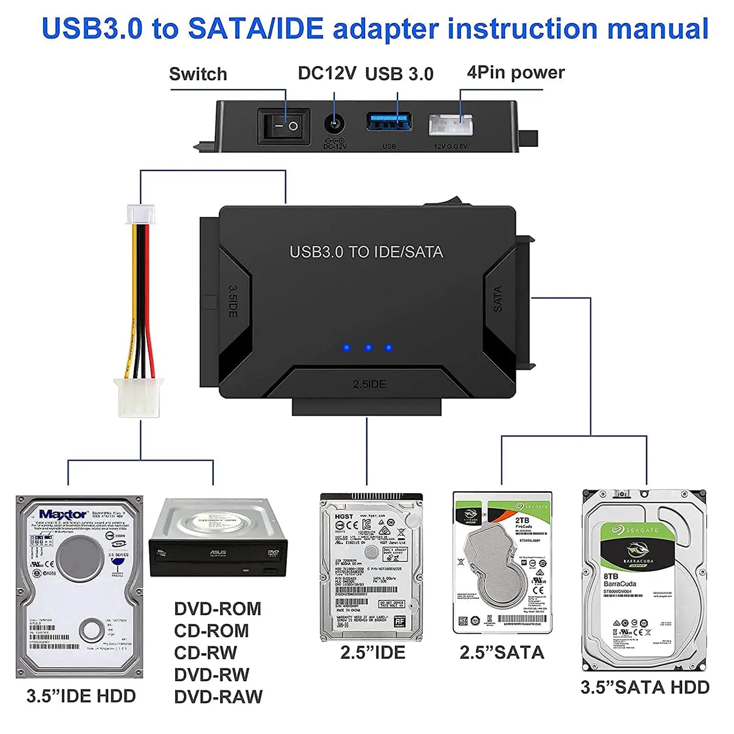 USB 3.0 to SATA IDE Hard Disk Adapter Converter Cable for 3.5 2.5 inch