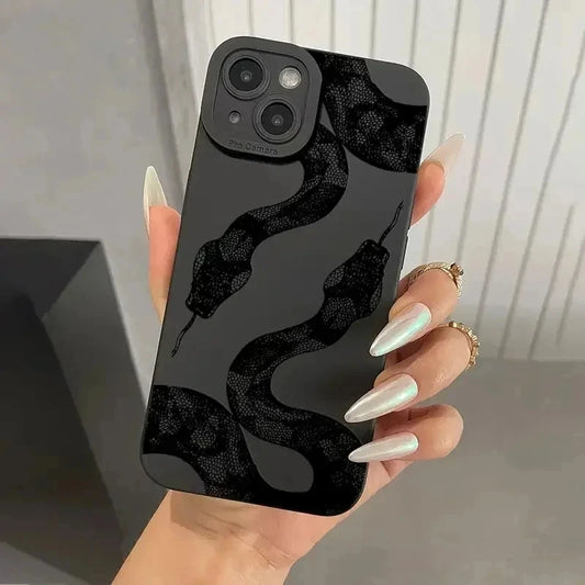 Black Snake Patterned Flower Print Phone Case For iPhone 16 15 14 13