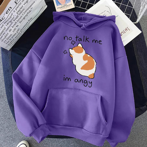 No Talk Me Cute Angry Cat Print Women Hoody Hip Hop Soft Sweatshirt
