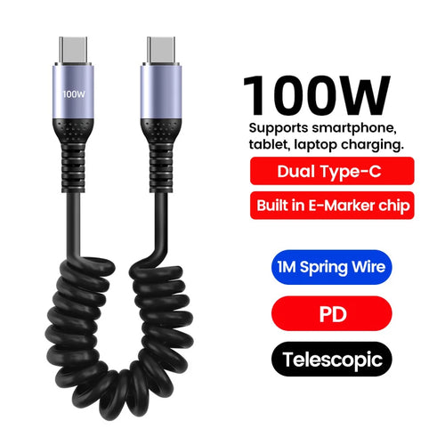 25CM To 1M Car Spring Data Cord 6A Short Fast Charging Wire USB C TO