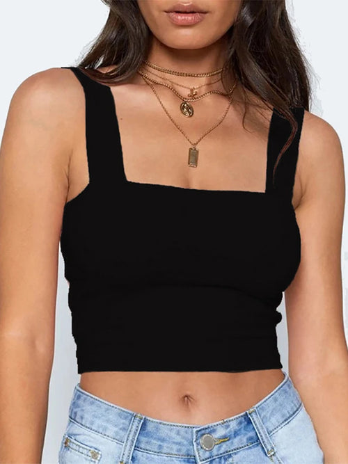 Square Neck Sleeveless Summer Crop Top White Women Black Casual Basic