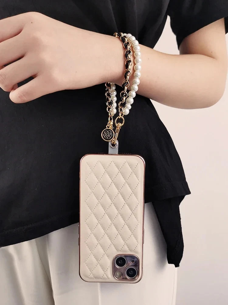 26cm Leather Pearl Camellia Mobile Phone Charm Bracelet Chain