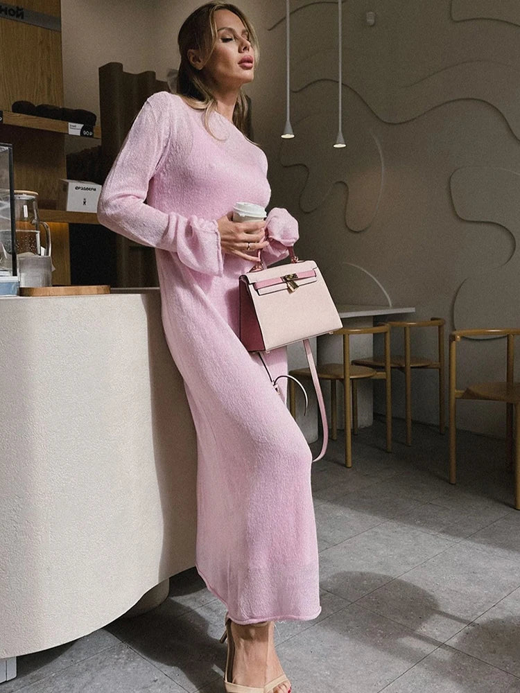 Spring Autumn O-Neck Elastic Knit Long Dresses Women 2024 Elegant Chic