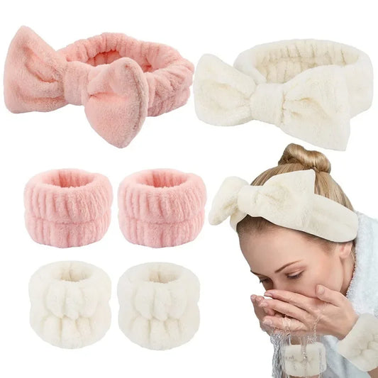 3Pcs Bow Headband Wristband Set Towel Elastic Soft Washing Face Shower