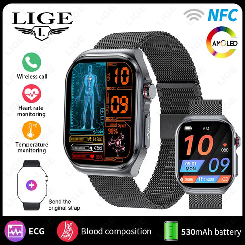LIGE AMOLED Smart Watch ET585 Men ECG Blood Compositoin Health