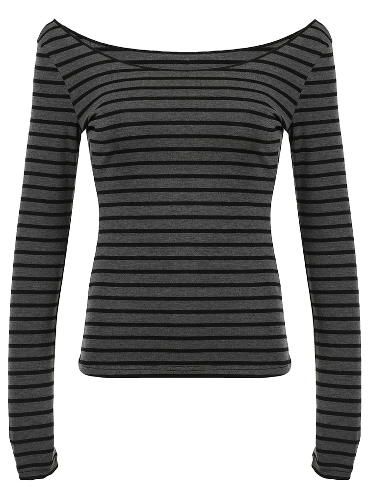 Sweetown Japanese Basic Slim Long Sleeve Stripe Tee Off Shoulder O