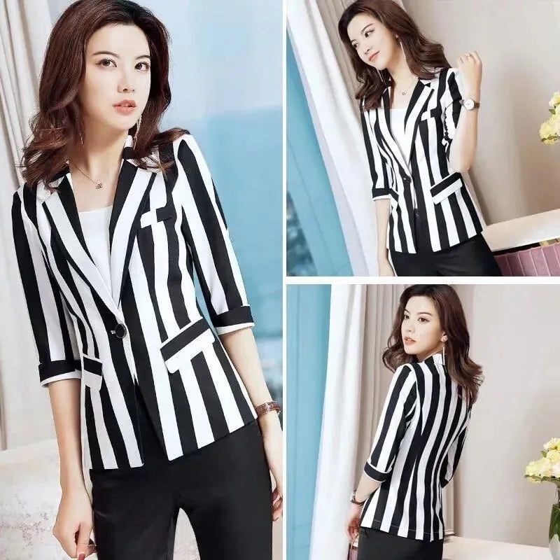 Black and White Striped Small Suit Jacket for Women, Female Blazer,