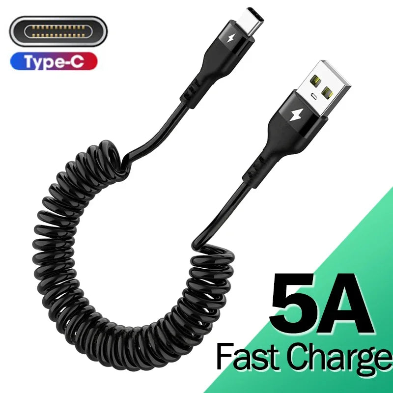 Retractable USB-C Cable 5A Fast Charger Data Wire Car Spring Type C