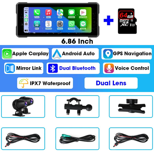 JMCQ 6.86'' Motorcycle DVR GPS Navigaton Wireless Carplay Android Auto