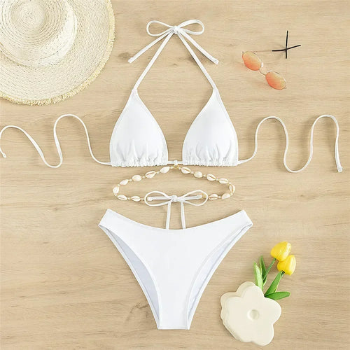 Sexy White Shell String Halter Triangle Bikini Set Women Swimwear