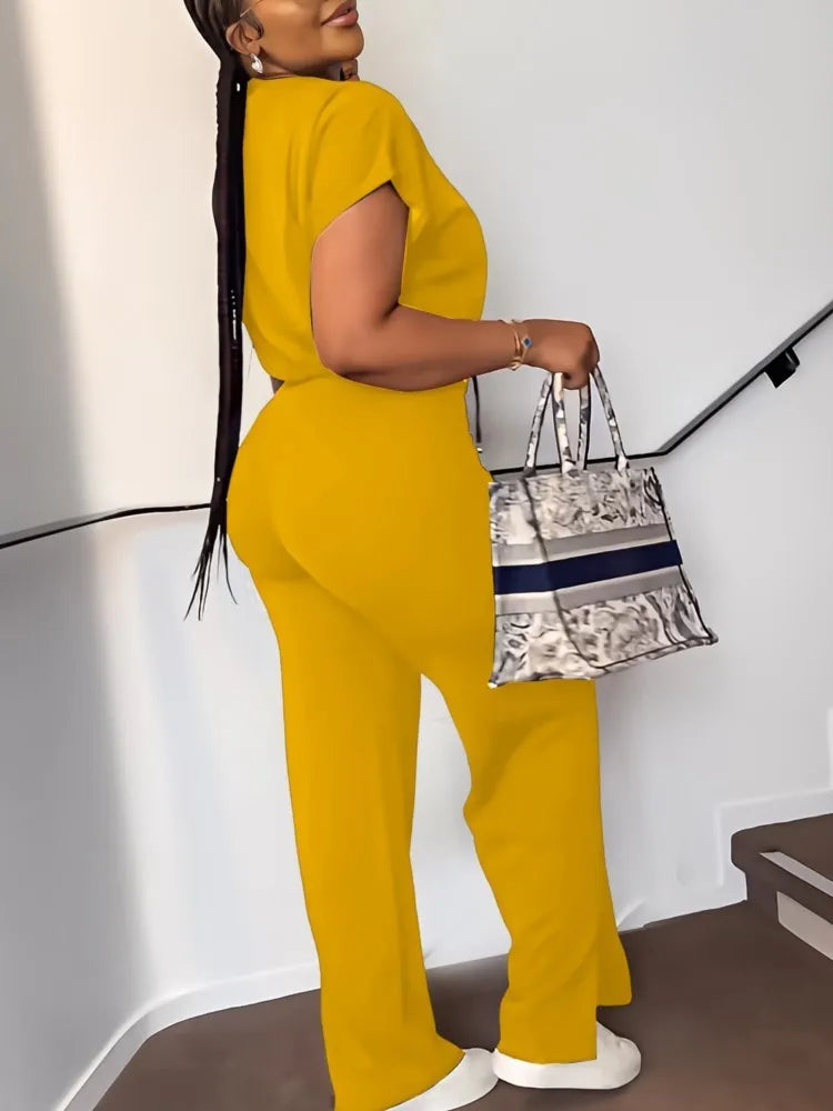 Women Casual Round Neck Drawstring Short Sleeve Top & High Waist Pants