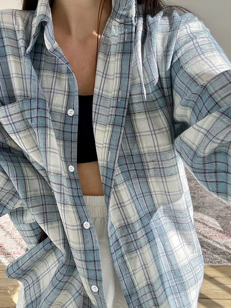 Mumaroho 2024 Women Autumn Winter Long Sleeve Blue Plaid Shirt Vintage