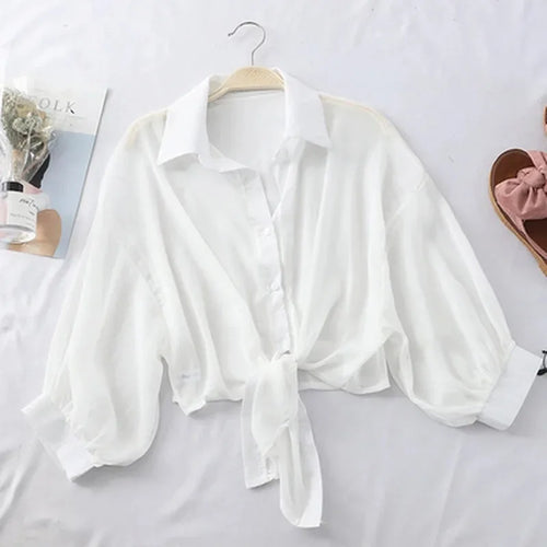 Casual Loose Hollow White Clothes Elegant Solid Color Tied Waist