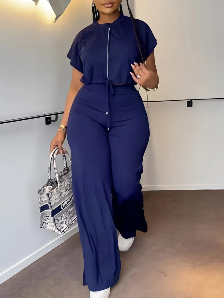 Women Casual Round Neck Drawstring Short Sleeve Top & High Waist Pants