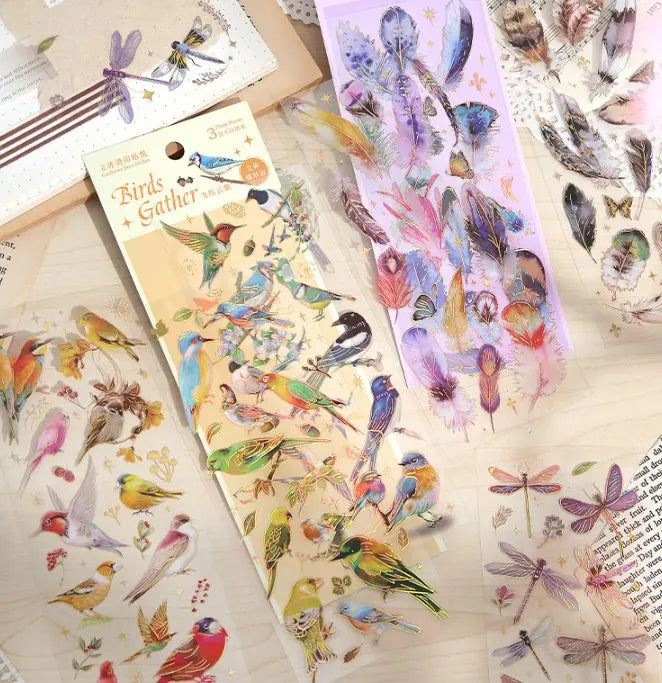 Shimmering 3D Gilding Sticker Set - Dragonfly, Jellyfish & Feather