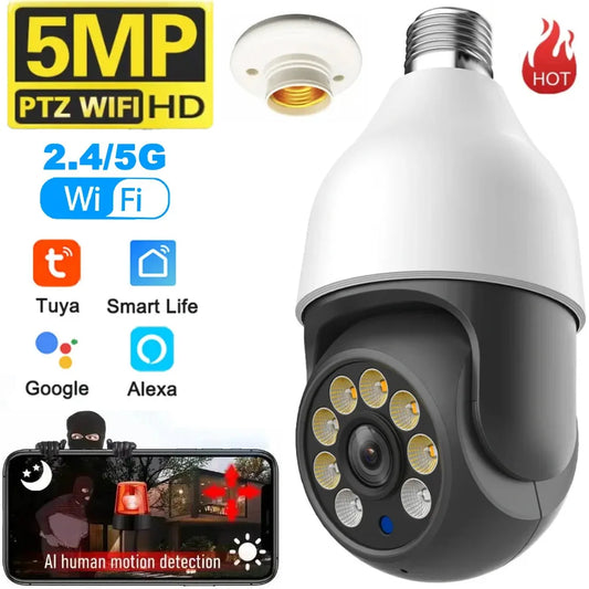 5MP 5G Bulb Camera E27 WiFi TUYA Smart Life PTZ IP CCTV Outdoor Night