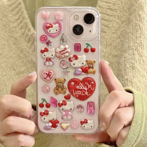 3D Sanrio Hello Kitty Sticker Glitter Phone Case for IPhone 16 11 12