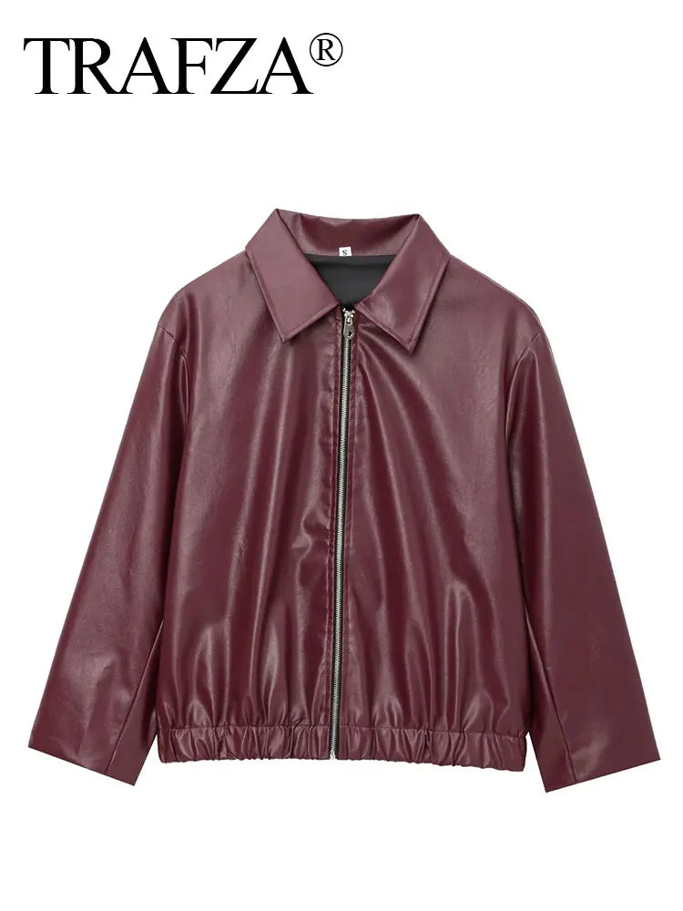 TRAFZA Wine Red Faux Leather Jakcet Fashion Outerwear Thicken Zipper