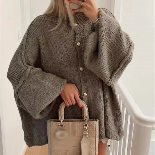 French Fashion Loose Sweater For Women O-neck Metal Button Cardigan