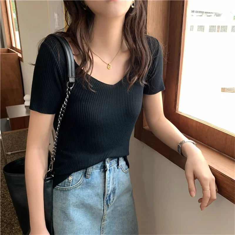 Basic V-neck Solid Thin Summer Pullover Women Female Knitted Ribbed