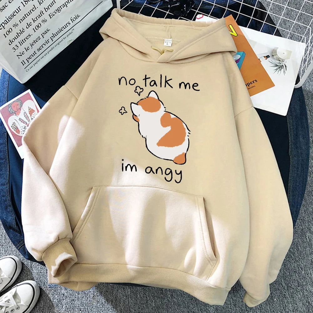 No Talk Me Cute Angry Cat Print Women Hoody Hip Hop Soft Sweatshirt