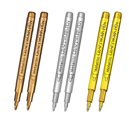 6Pcs Brush Metallic Paint Marker Pens Gold Silver Color Permanent Art