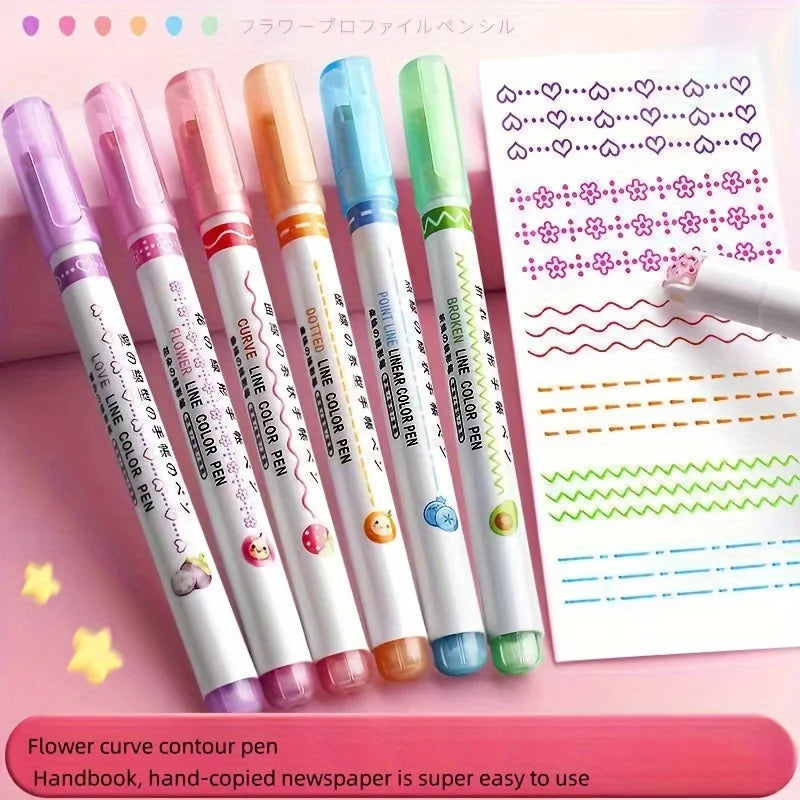 6Pcs/Set Kawaii Flower Line Shape Highlighter Pen Roller Tip Curve