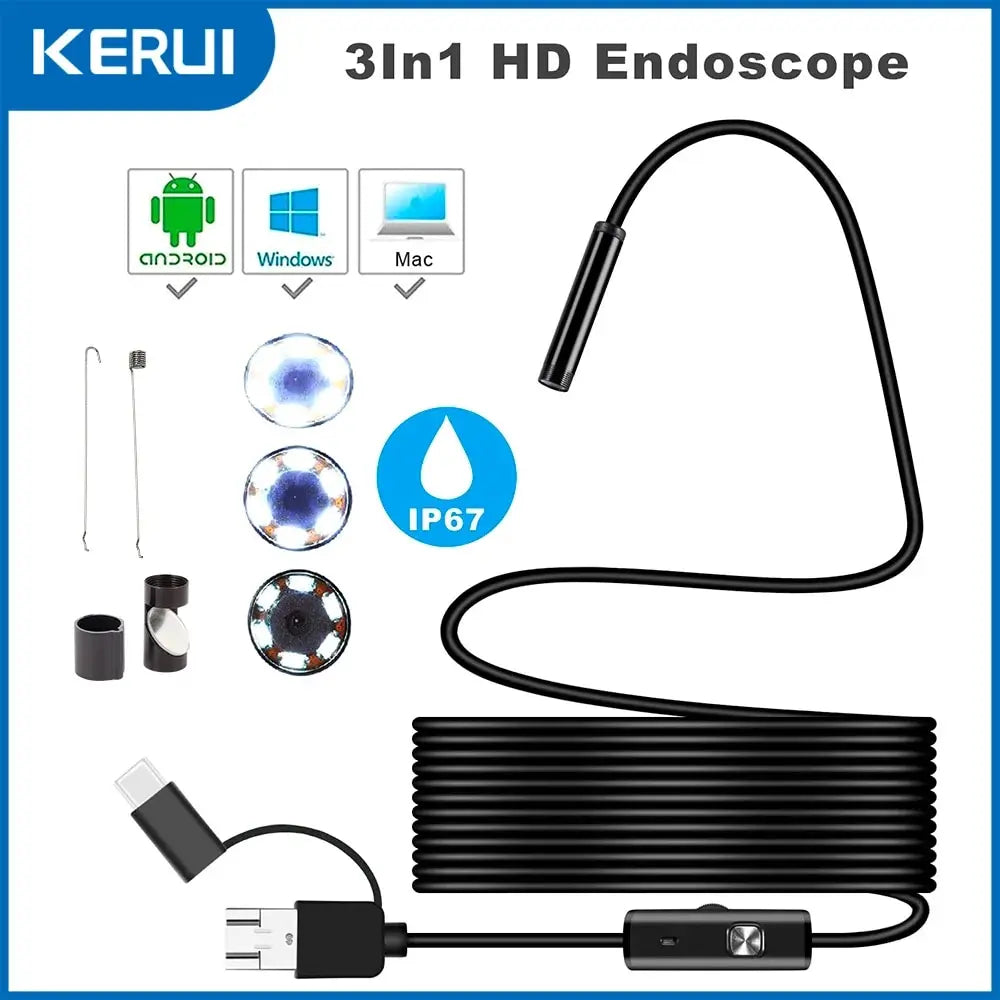7MM Android Endoscope Camera 3 IN1 Micro USB Type C Borescope Mini